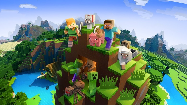 A Minecraft player standing on some blocks with animals around them
