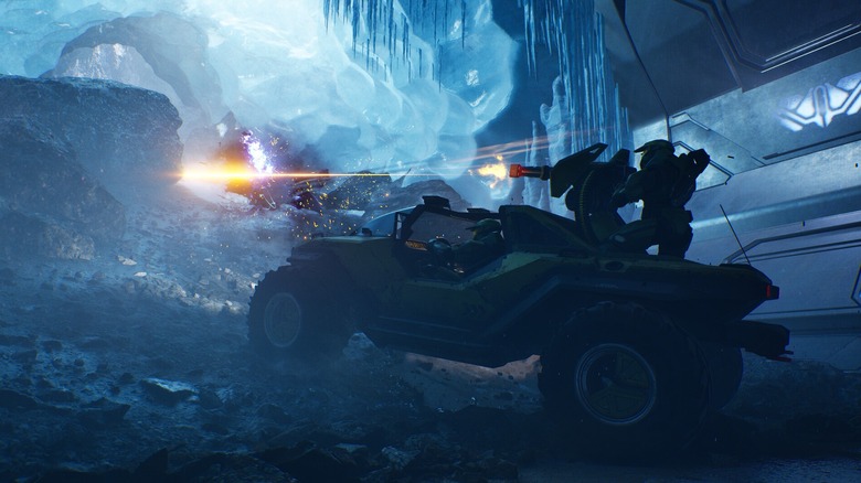Master Chief driving and shooting from Warthog in Halo: Campaign Evolved