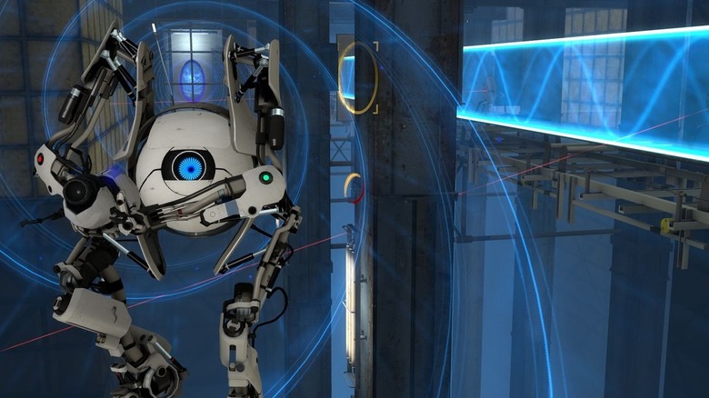Wheatley approaches the player through a swirling light tunnel in "Portal 2" (2011)