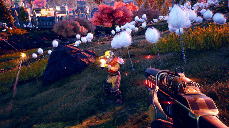 Enemy soldiers fire on the player in a field of tall flowers in "The Outer Worlds" (2019)