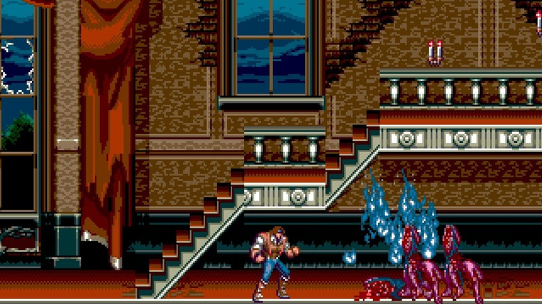 John Morris stands before burning monsters in Castlevania: Bloodlines