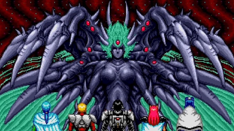 A party of heroes facing The Profound Darkness in Phantasy IV: The End of the Millennium