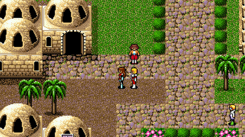 A party of heroes walks through a village in Phantasy IV: The End of the Millennium