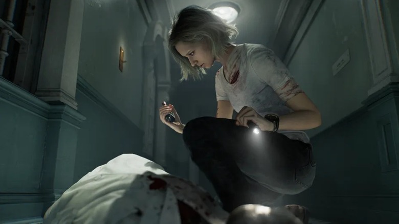 Grace Ashcroft collects blood from a fallen zombie in Resident Evil Requiem