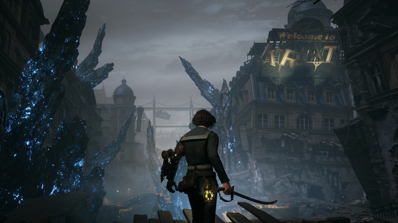 Pinocchio holding a sword among some ruins in Lies of P