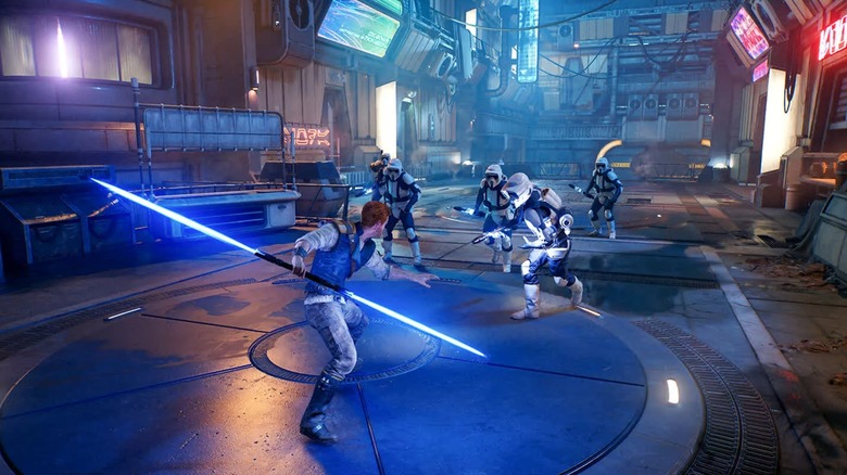 Cal Kestis fighting Stormtroopers in the street in Star Wars Jedi: Survivor