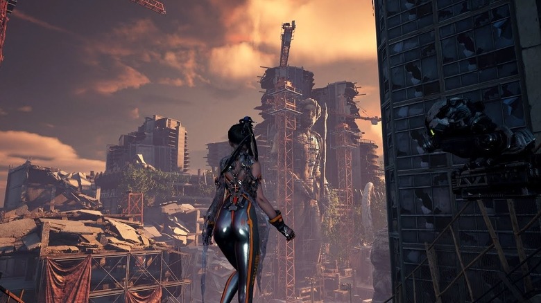 Eve looking at a ruined cityscape in Stellar Blade