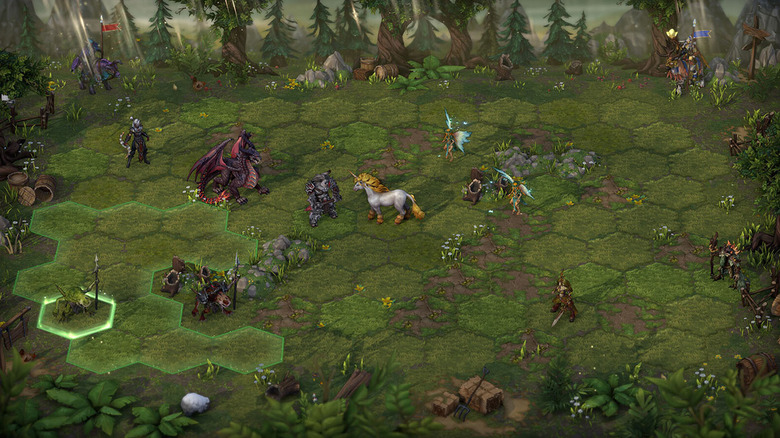 The player party approaches a grid-based map with mythical creatures in Heroes of Might and Magic: Olden Era