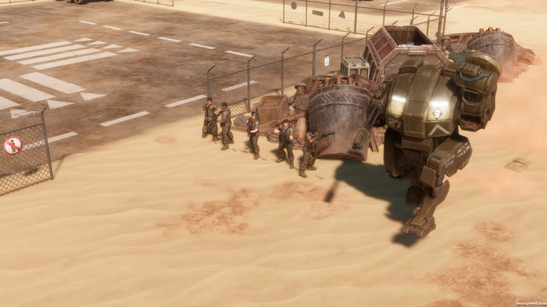 A mech walks by a line of soldiers in Menace (2026)