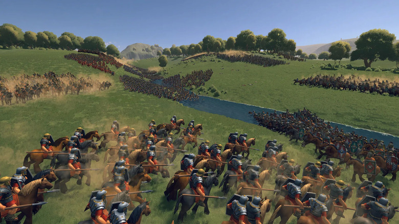 Cavalry units charge at each other by a river in Strategos