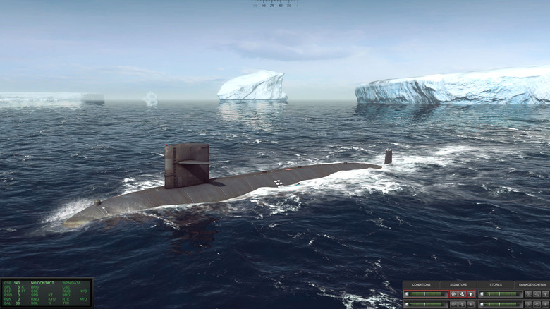 A submarine sails past icebergs in Cold Waters