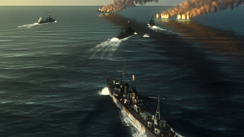 Battleships move towards burning wrecks on the ocean in Silent Hunter 4: Wolves of the Pacific