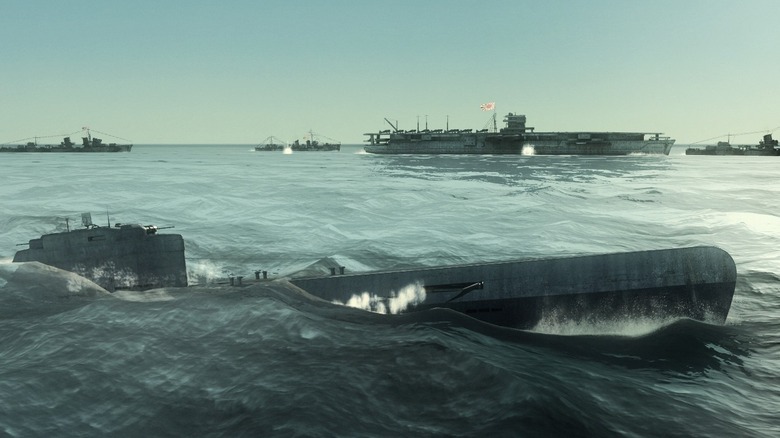 A submarine approaches a naval convoy in Silent Hunter III