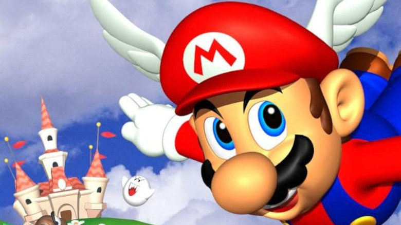 Mario flies with a winged cap on the cover art for Super Mario 64