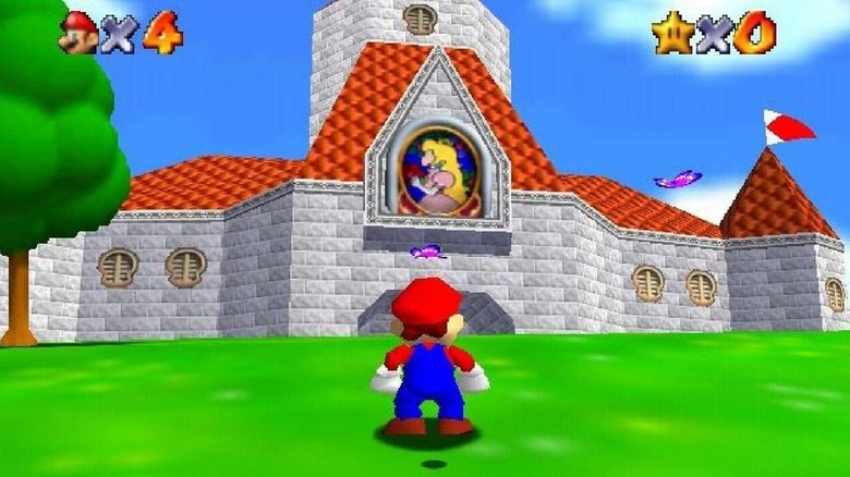 Mario faces Princess Peach's castle in Super Mario 64