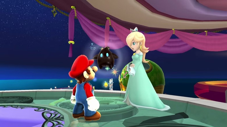 Mario speaks to Rosalina and a Luma in Super Mario Galaxy