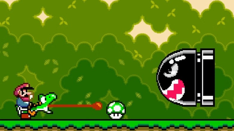 Yoshi reaches for a green mushroom while Mario rides him as a Bullet Bill approaches in Super Mario World