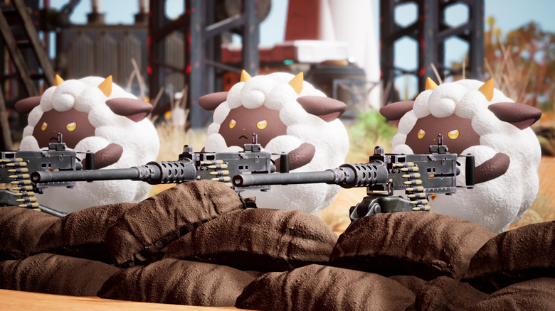 Three sheep with machine guns take cover behind sandbags in Palworld