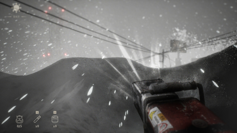 The player uses a snowblower outside in Snowed Under