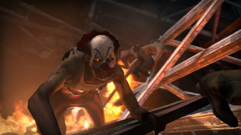 A clown zombie climbs on rafters in Left 4 Dead 2