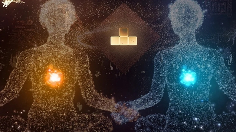 Two cosmic figures hold hands with a Tetris block between them on the cover art for Tetris Effect: Connected