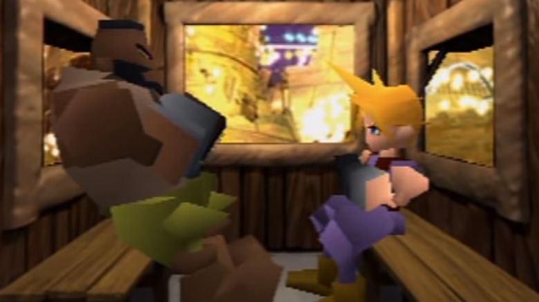 Barrett and Cloud Strife sit in a train car together in Final Fantasy VII