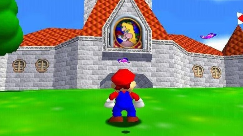 Mario approaches Peach's castle in Super Mario 64