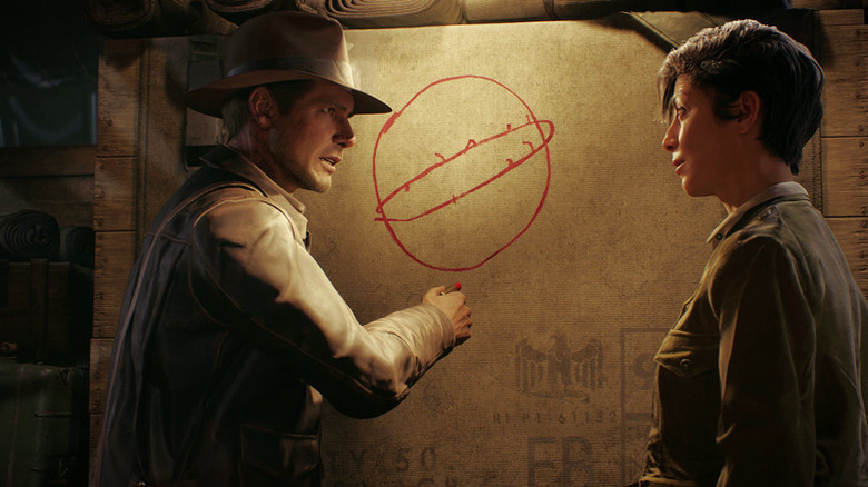 Indiana Jones draws a red circle as he speaks to Gina Lombardi in Indiana Jones and the Great Circle