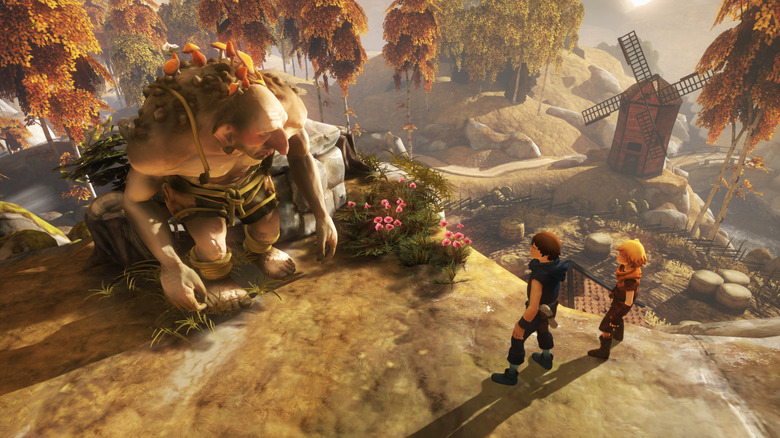 The two characters in Brothers: A Tale of Two Sons talking to a giant