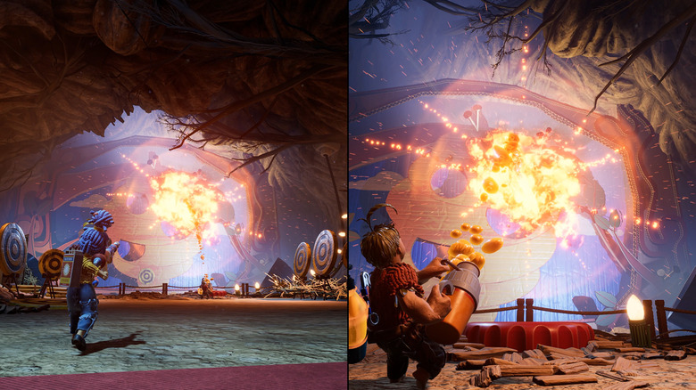 Cody and May fighting a large enemy with explosives side-by-side