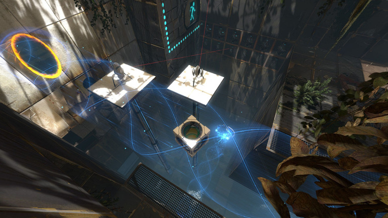 A Portal 2 level with portals, lasers, and sentry guns