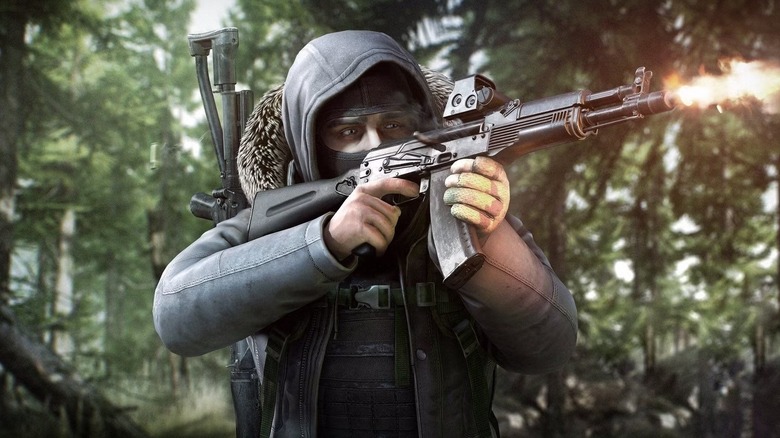 A masked gunman opens fire with an assault rifle in "Escape from Tarkov" (2025)