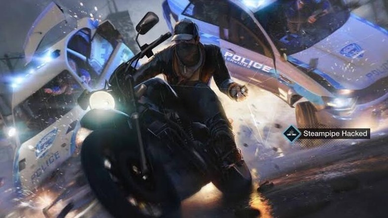 Aiden Pearce hacks a steampipe causing two police cars to crash in Watch Dogs