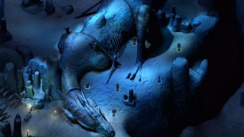 A party walks by the frozen body of a dragon in Icewind Dale
