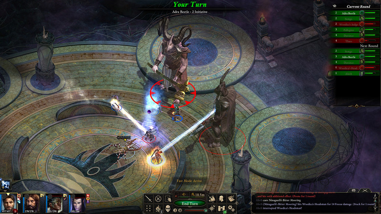 A party fights two towering monsters in Pillars of Eternity