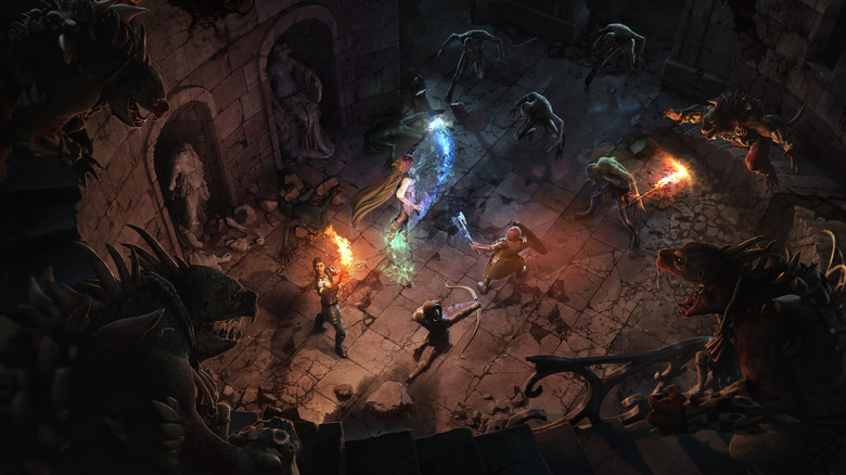 A group of heroes fight incoming monsters in a dungeon in Solasta: Crown of the Magister