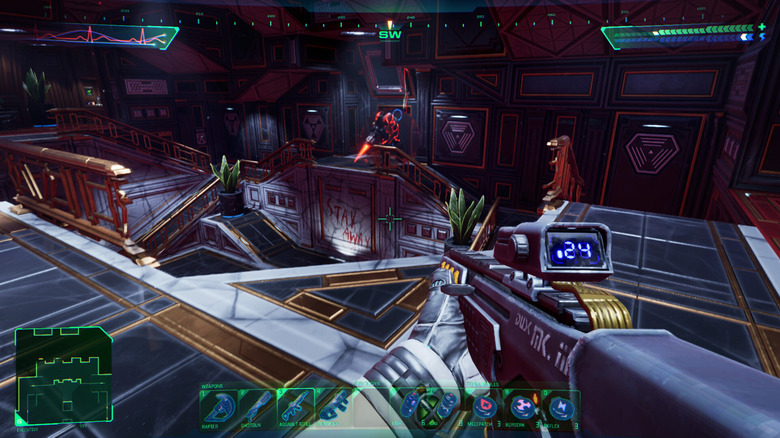 A System Shock player navigating a corridor with enemies