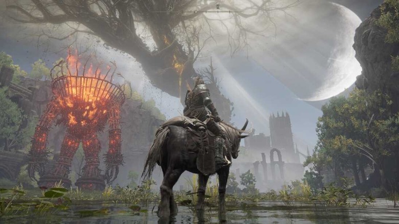 The Tarnished rides a horse by a flame monster in Elden Ring