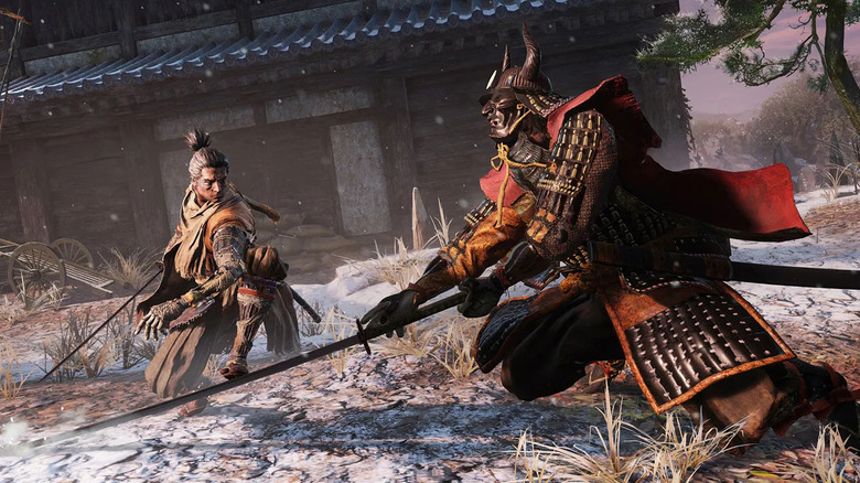 Sekiro duels a masked samurai warrior in Sekiro: Shadows Die Twice
