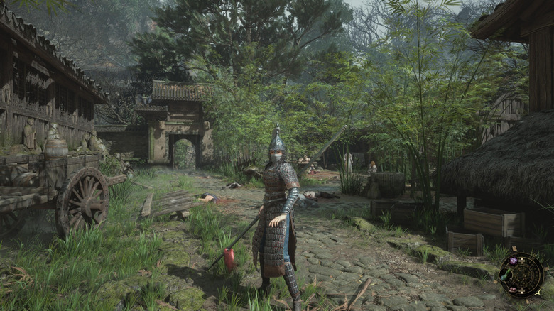 Bai Wuchang stands on a road holding a spear in Wuchang: Fallen Feathers