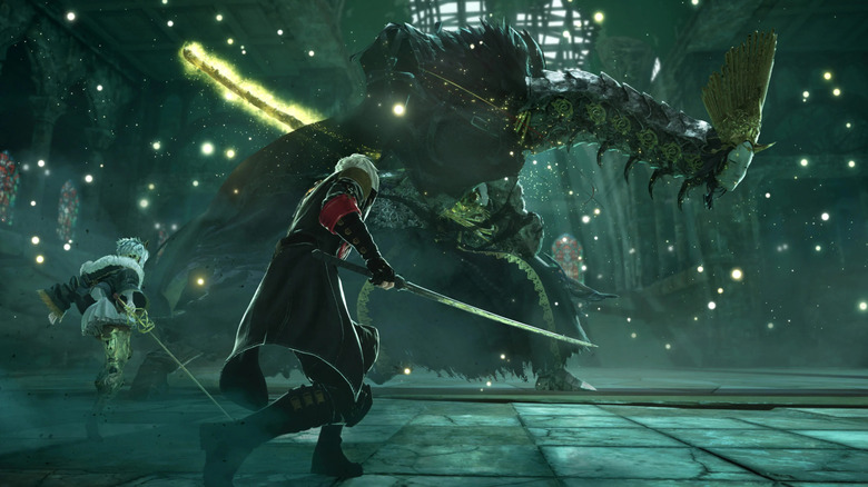 Lou MagMell and the Revenant Hunter advance on a monster with a craned neck with weapons drawn in Code Vein II