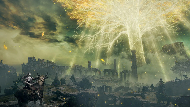The Tarnished character surveys the Erdtree while seated on horseback in Elden Ring
