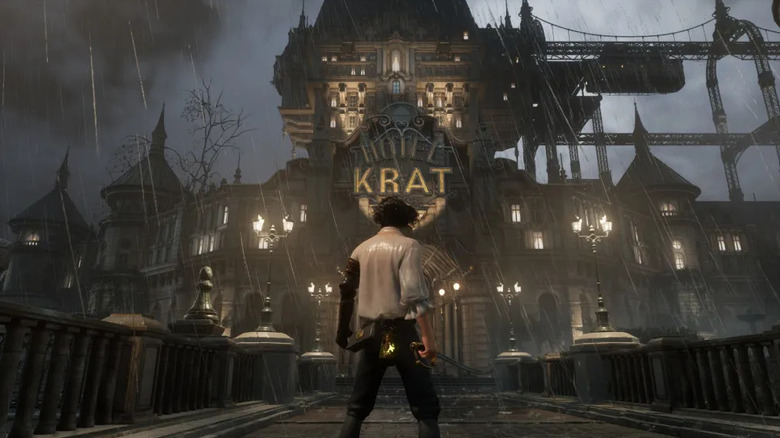 P approaches the Hotel Krat in the pouring rain in Lies of P