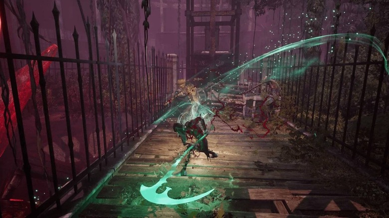 Corvus swings a green energy scythe in Thymesia