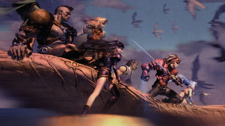 Dart and his friends ride a dragon in The Legend of Dragoon