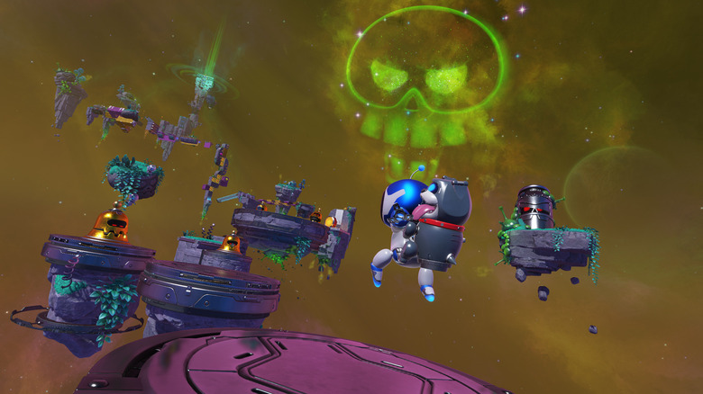 Astro, with a dog strapped to his back, jumps across a set of metallic islands in Astro Bot