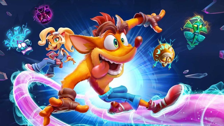 Crash Bandicoot excitedly slides on a purple railing with Coco on the cover art for Crash Bandicoot 4: It's About Time
