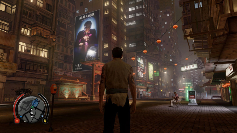 Wei Shen standing in the streets of Hong Kong at night in Sleeping Dogs
