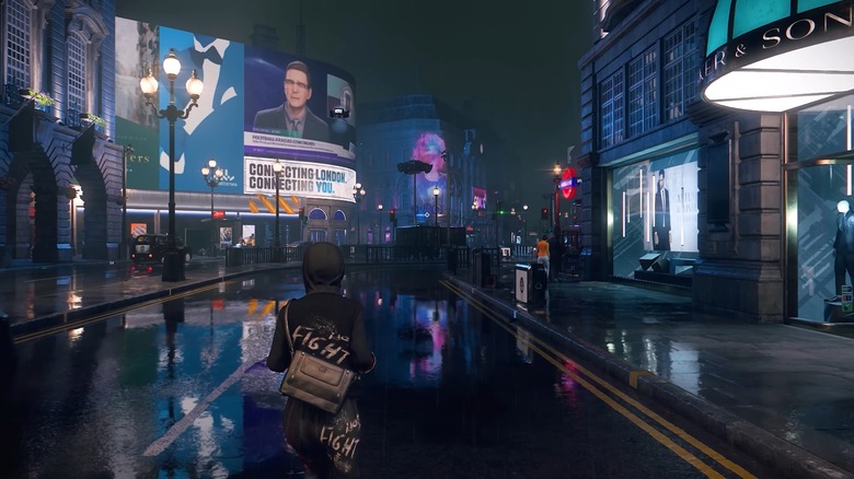 The player character running in the rain in Watch Dogs: Legion