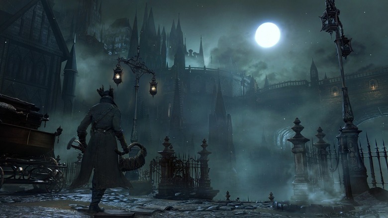 The Hunter walks through foggy streets in Bloodborne